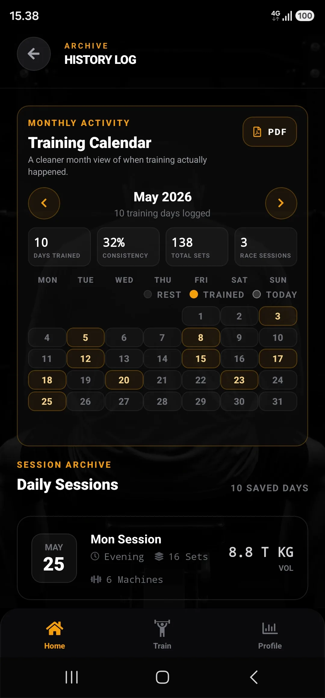 GymOptic training history calendar